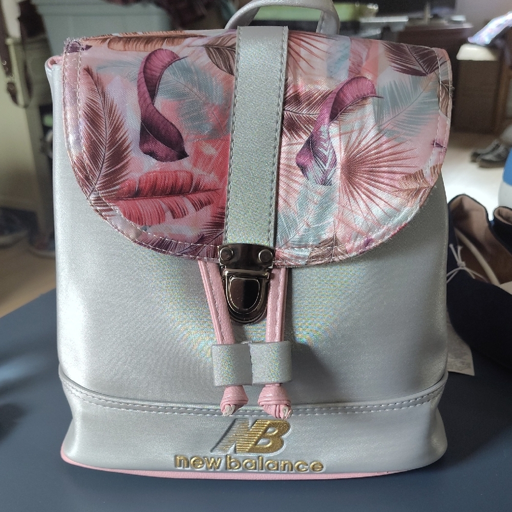 New Balance Metallic Silver Pink with Tropical Palm Top Flap Mini Backpack